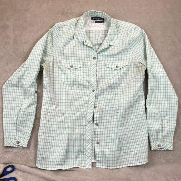 Eddie Bauer Women's Travex Button Up Shirt Large Green Plaid Long Sleeve Outdoor - Picture 9 of 10